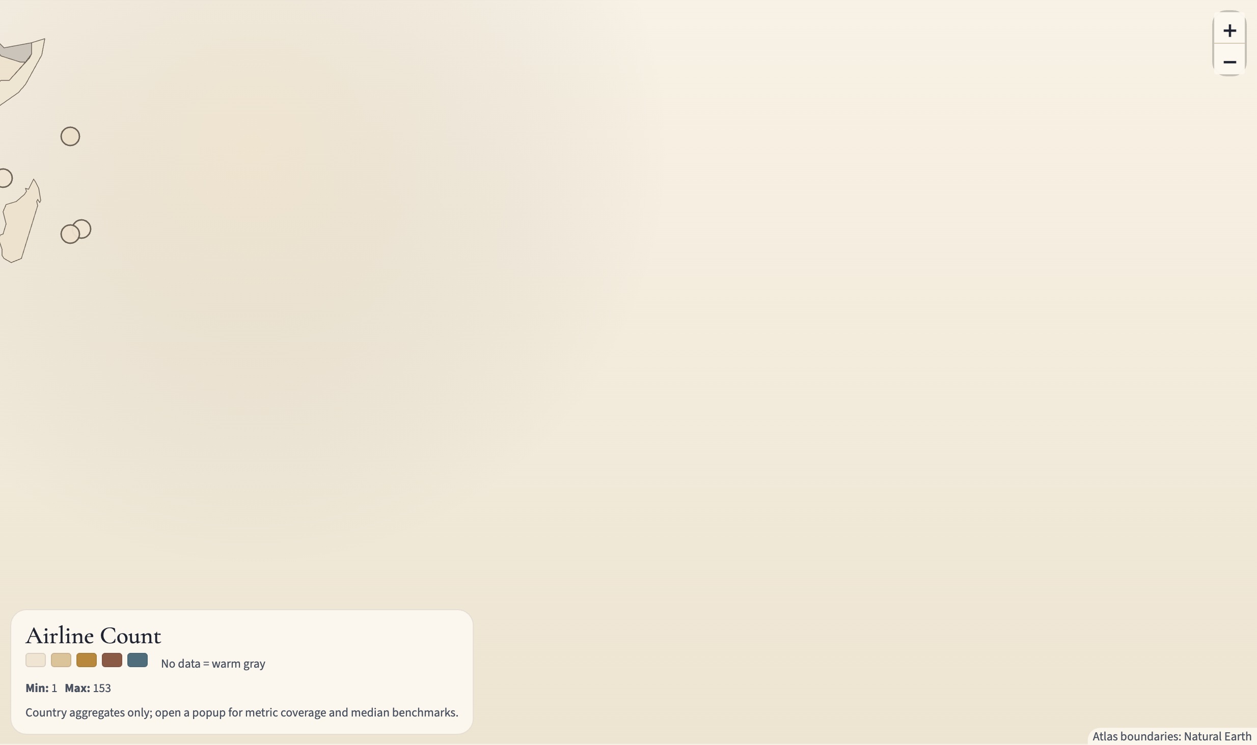 Interactive atlas panel showing African countries shaded by airline count.