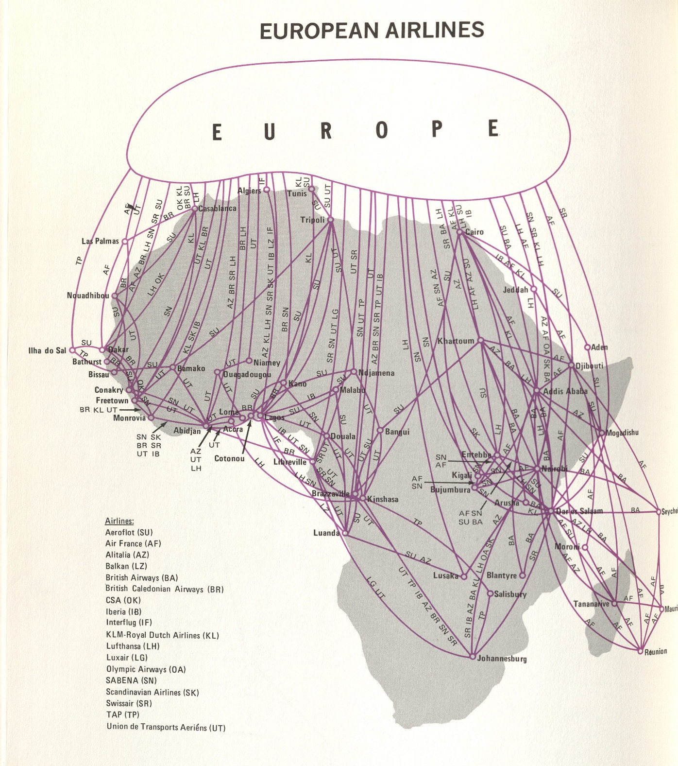 Historic route map showing European airline connections across Africa.